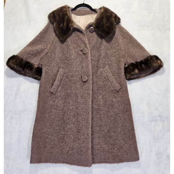 Berroco's Curlinda Jackets & Blazers - Vtg Swing Coat L / 12 / 14 Wool Capelet Cape Mink Fur 50s 60s Brown Boucle